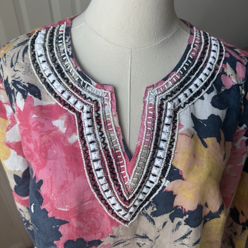 Charter Club Sz S Luxury Floral Linen Tunic Top Beaded V Neck Long Sleeve - Picture 3 of 7